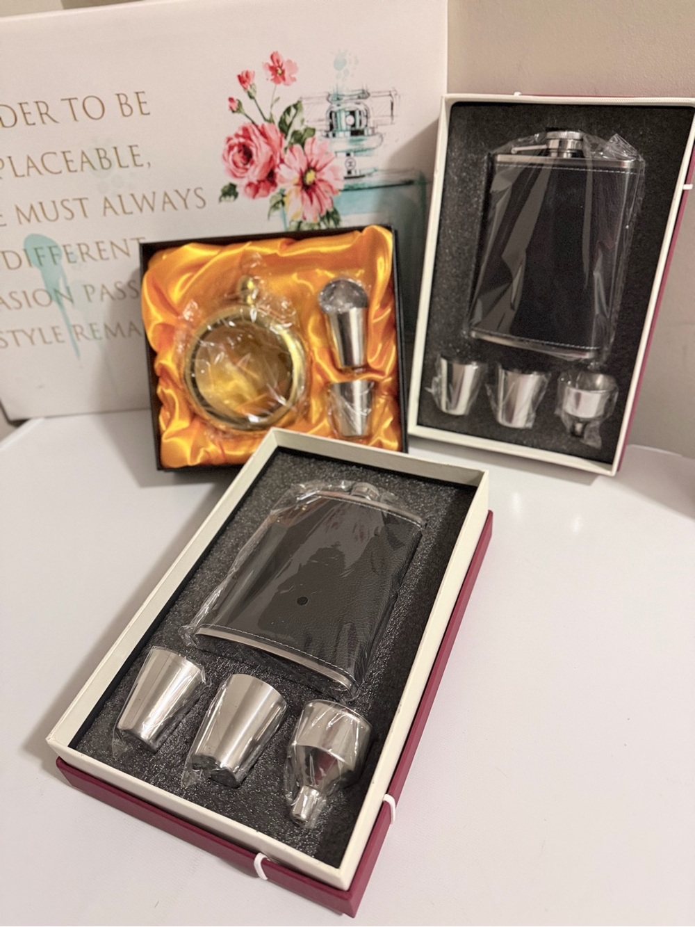 Black Leatherette Stainless Steel Hip Flask Gift Set with Cups